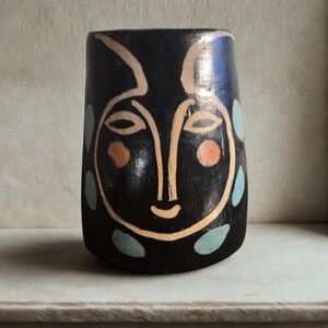 Hand Painted Folk Art Wood Vase Honduras Pottery Picasso Style MCM Abstract Boho